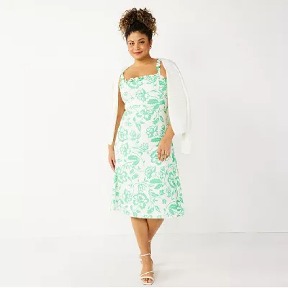 Draper James RSVP Linen Blend Floral Ruffled Neck Midi Dress Size 14